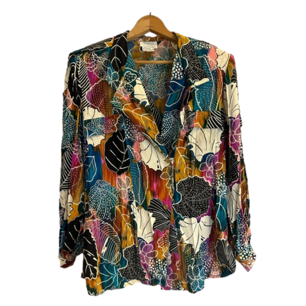 Vintage Francesca of Damon 100% Silk Ikat Leaf Print Shirt Blouse Women Size 14